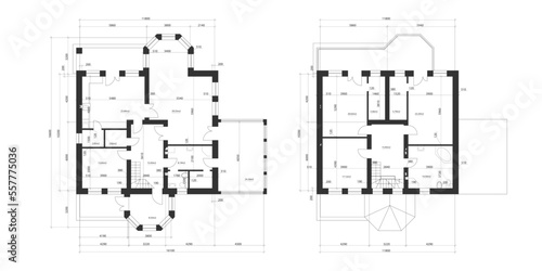 Architectural plan of a two-storey manor house with a terrace. The layout of an individual two-storey house with three bedrooms, kitchen, living room, two bathrooms, dressing rooms and pantries.