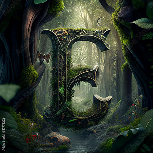 the letter E in a fantasy style in a fantasy forest (Ai generated)
