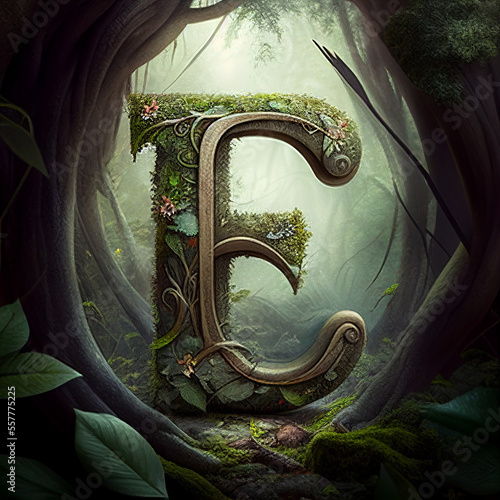 the letter E in a fantasy style in a fantasy forest (ai generated)