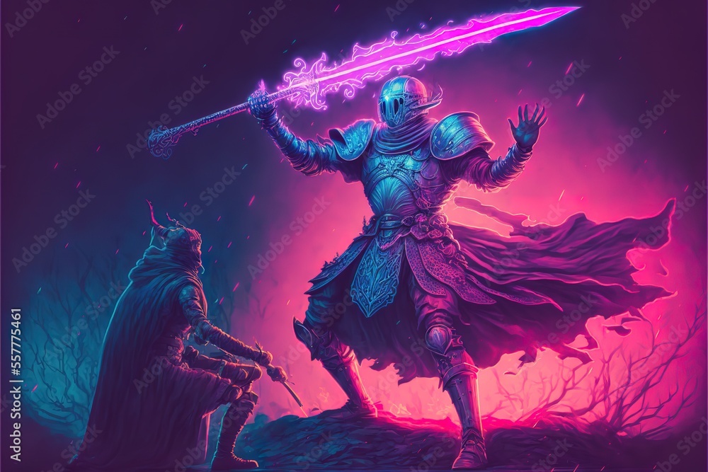 Neon medieval knights are fighting
