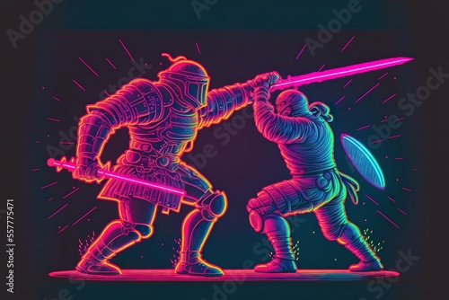 Neon medieval knights are fighting © Анастасия Птицова