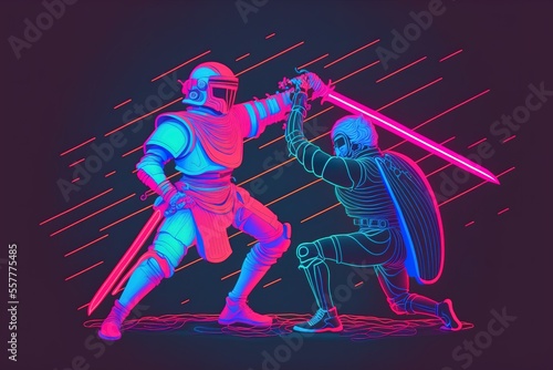 Neon medieval knights are fighting
