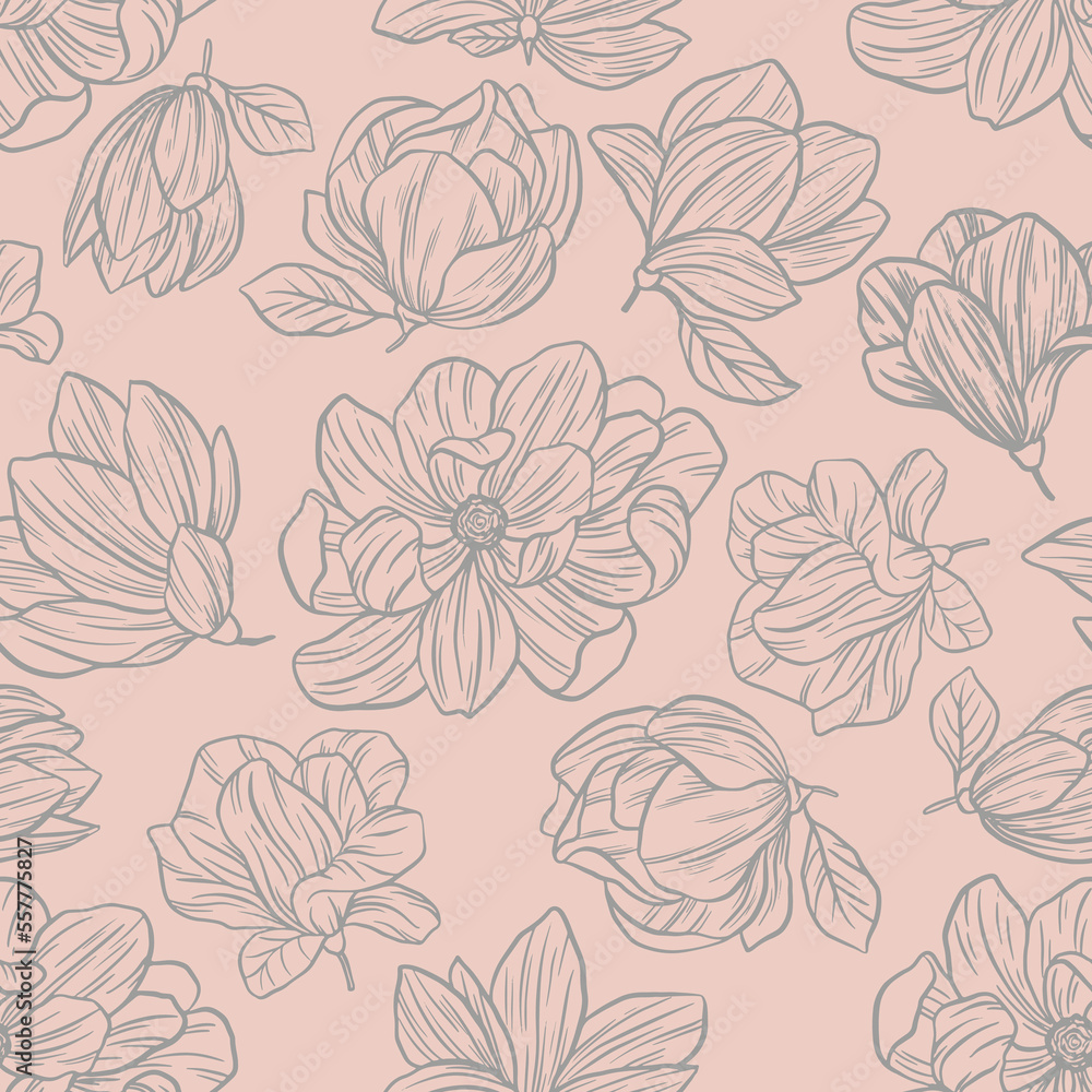 Big blossom magnolia  flowers, seamless pattern with hand drawn outline illustrations