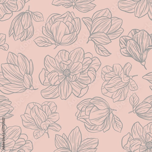 Big blossom magnolia flowers, seamless pattern with hand drawn outline illustrations