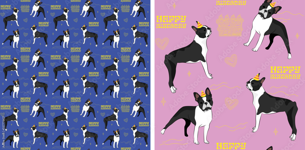 Happy Birthday Pattern with Boston Terrier dog in a party hat, seamless texture.Repeatable tiles, wrapping paper, blue and pink background.Holiday wallpaper with line art cake and fancy heart element. Happy Birthday Pattern with Boston Terrier dog in a party hat, seamless texture.Repeatable tiles, wrapping paper, blue and pink background.Holiday wallpaper with line art cake and fancy heart element.