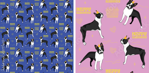 Happy Birthday Pattern with Boston Terrier dog in a party hat, seamless texture.Repeatable tiles, wrapping paper, blue and pink background.Holiday wallpaper with line art cake and fancy heart element.