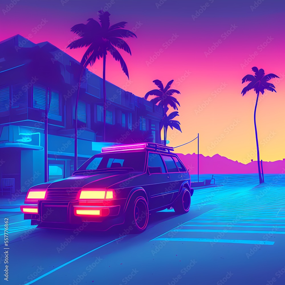 a car driving down a street next to a palm tree covered building at sunset with a surfboard on top AI