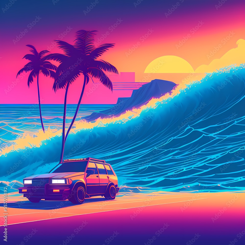 a car parked on the beach with a palm tree in the background and a sunset in the background with a pink and blue sky AI