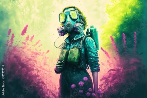 neon woman in a gas mask standing in a factory overgrown with plants