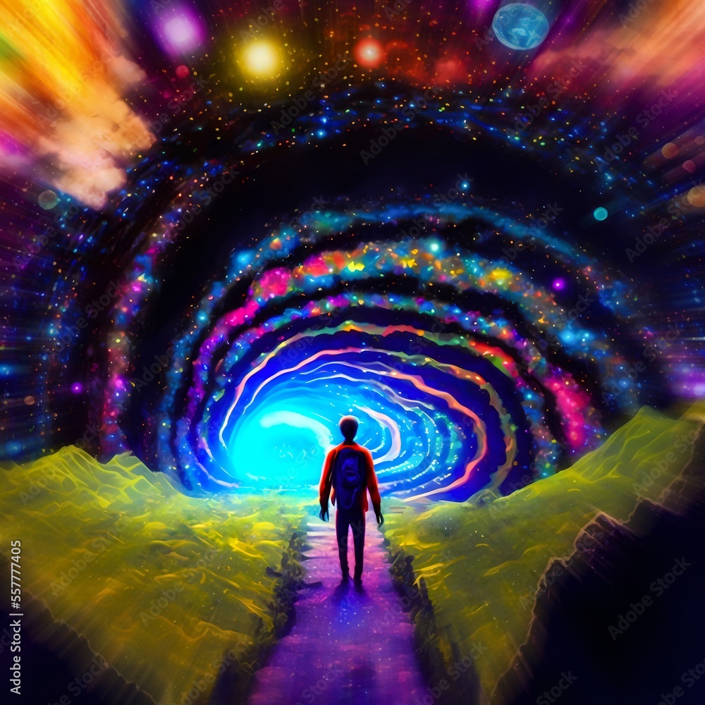 A man takes his first psychedelic trip to the center of the universe after consuming DMT. Amazing colorful space. LSD, DMT or psilocybin trip . Generative AI illustrations - obrazy, fototapety, plakaty 