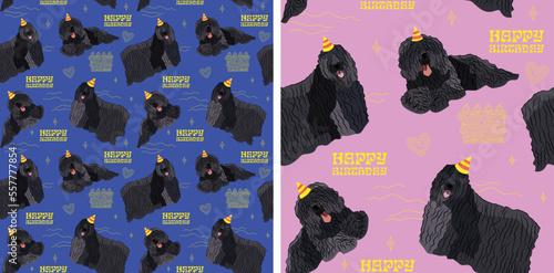 Happy Birthday Pattern with puli dog in a party hat, seamless texture.Repeatable tiles, wrapping paper, blue and pink background.Holiday wallpaper with line art cake and fancy elements, Art deco.