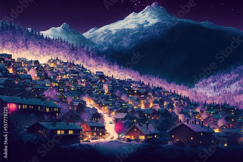 Winter town in the mountains, bright night landscape