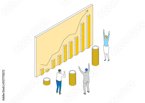 アイソメトリック_シンプル_株価アップで喜ぶ人々