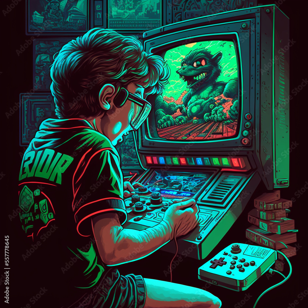 Retro gaming. Made with a help of artificial intelligence. 