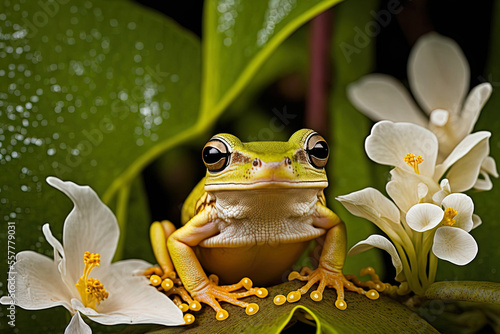 Litoria infrafrenata, a white tipped tree frog, perched on a flower. Generative AI © 2rogan