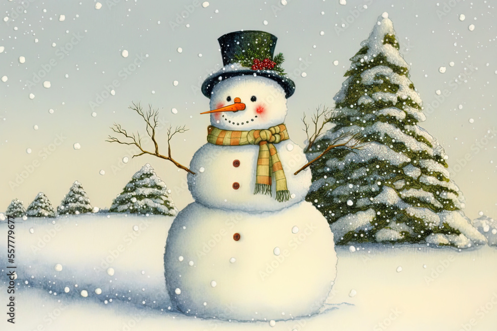 Standing amid a setting of winter and Christmas, a cheerful snowman. Generative AI Standing amid a setting of winter and Christmas, a cheerful snowman. Generative AI