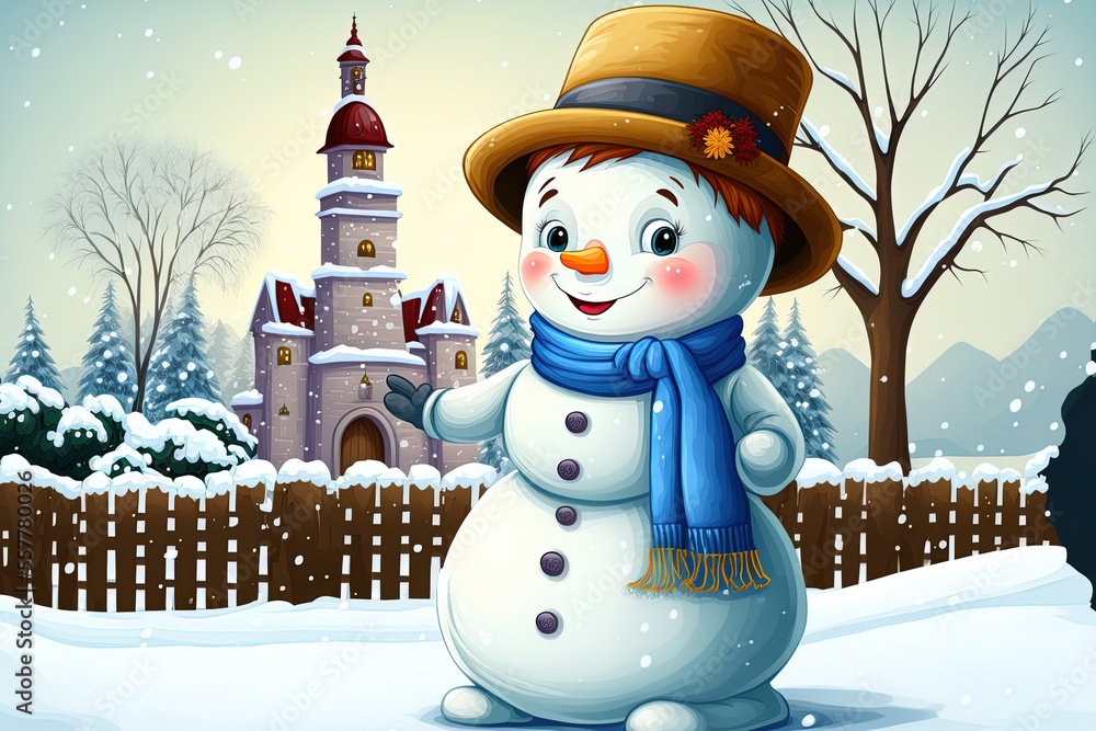 Obraz premium In a snowy city park, a snowman. typical outdoor winter activities for kids. Generative AI