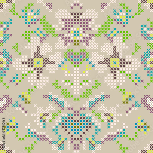 Floral Vintage Cross Stitch Green Tribal Seamless Pattern