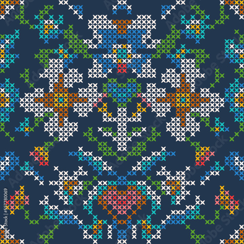 Floral Vintage Cross Stitch Tribal Seamless Pattern on Navy Blue