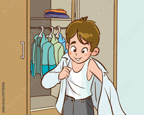 cute little boy wearing his clothes cartoon vector illustration