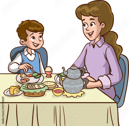 cute little boy eating with his mother cartoon vector illustration