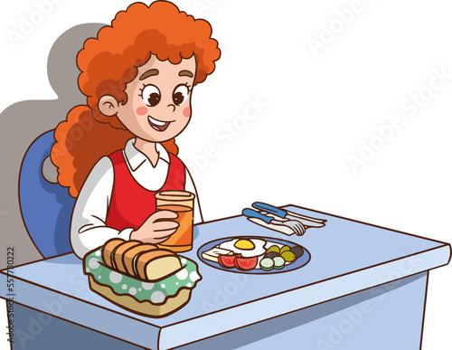 cute little girl having breakfast cartoon vector illustration