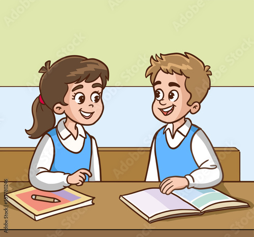 cute little students talking in class cartoon vector illustration