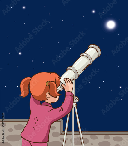 little cute girl looking through telescope at night cartoon vector illustration