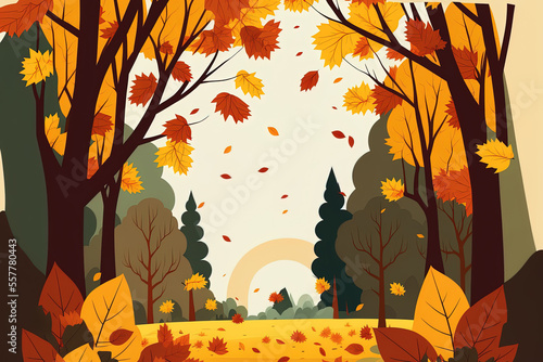 Background of trees and fall leaves in the outdoors. Generative AI