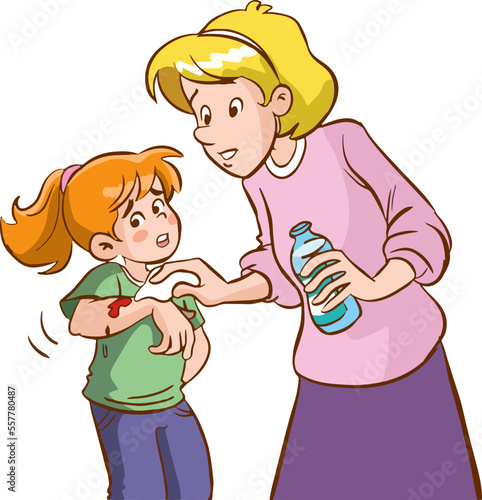 first aid to mother daughter cartoon vector illustration