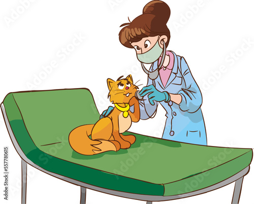veterinarian woman treats cute cat cartoon vector