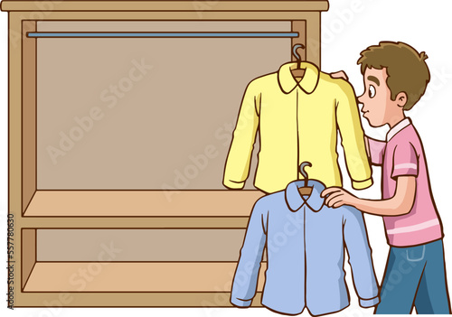 man organize wardrobe cartoon vector illustration