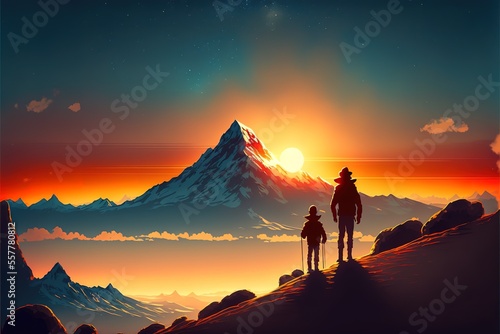 Silhouette of a father and son looking at the sunset from the mountain © Анастасия Птицова