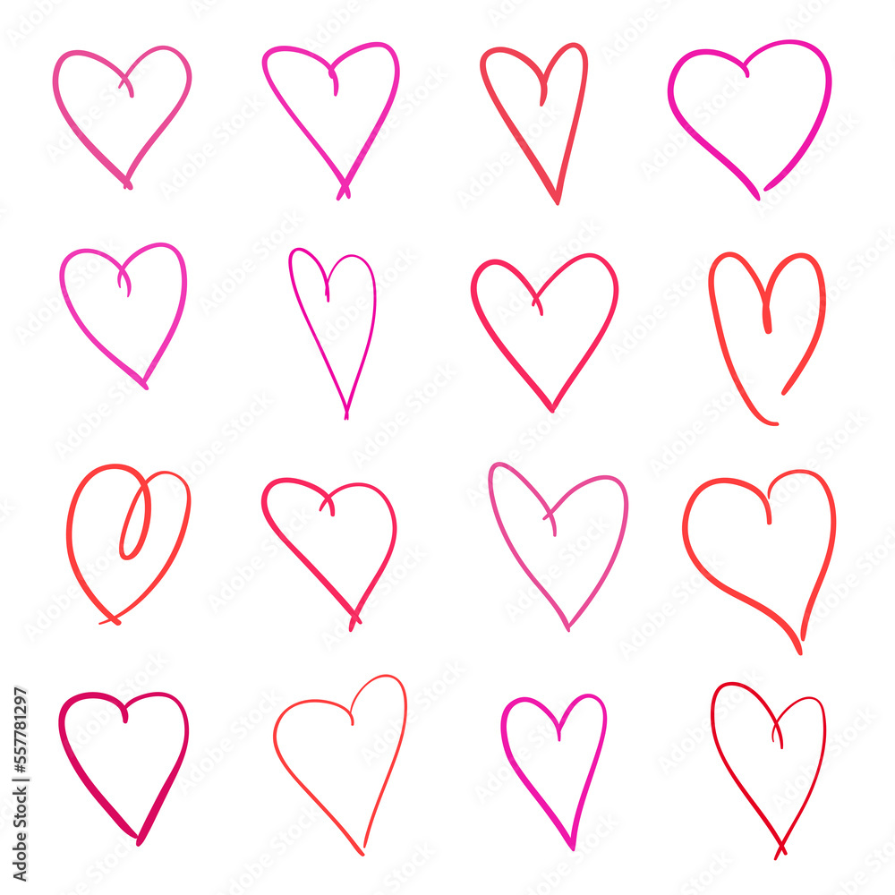 Colorful hearts on isolated white background. Hand drawn set of love signs. Unique abstract image for design. Line art creation. Colored illustration. Elements for poster or flyer Colorful hearts on isolated white background. Hand drawn set of love signs. Unique abstract image for design. Line art creation. Colored illustration. Elements for poster or flyer