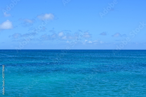 Azure Caribbean sea meets blue sky. Space for copy. 