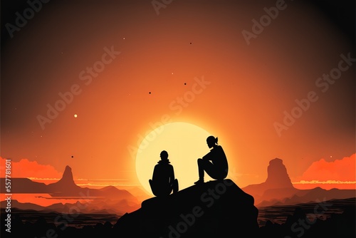 Silhouette of a couple looking at the sunset from a cliff
