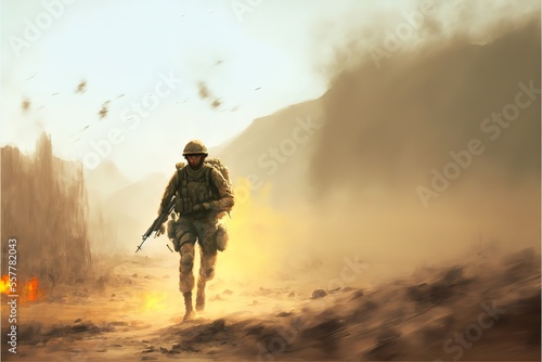 A soldier runs across the battlefield