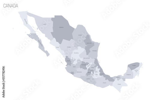 Mexico political map of administrative divisions - states and Mexico City. Grey vector map with labels.