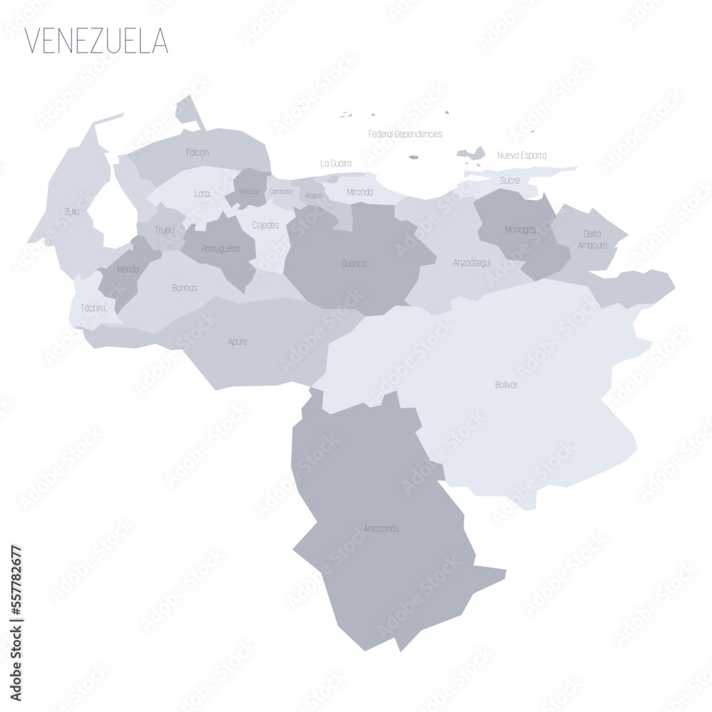 Venezuela political map of administrative divisions - states, capital district and federal dependencies. Grey vector map with labels.