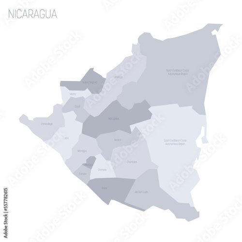 Nicaragua political map of administrative divisions - departments and autonomous regions. Grey vector map with labels.