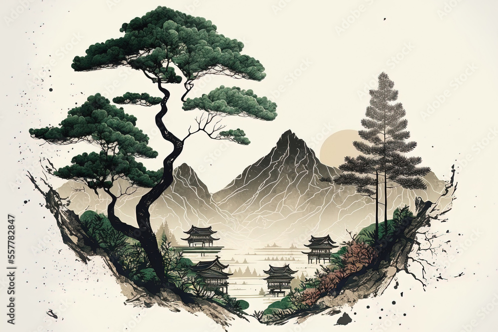 Pretty Korea, mountains, pine trees, hanok, rural natural scene, ink painting, and traditional Korean painting art. Generative AI - obrazy, fototapety, plakaty 