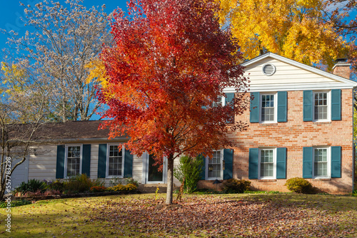 Beautiful autumn exterior of the house at sunset. Yard with green grass and autumn leaves.