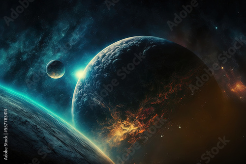 Digital depiction of an alien planet seen from orbit in outer space. Generative AI
