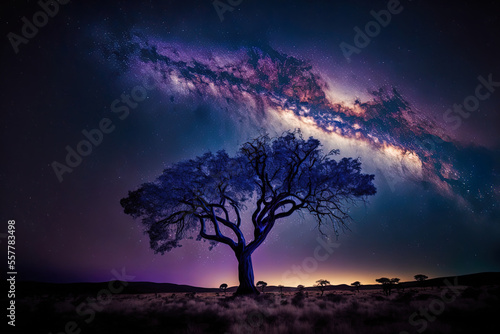 long exposure shot of a tree silhouette with the milky way. Generative AI