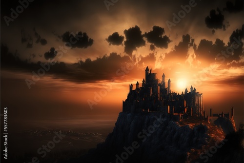 The sun sets behind the dark silhouette of the castle