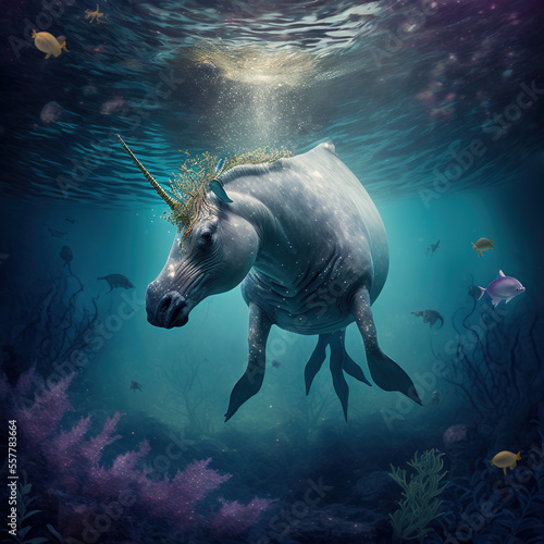 marine unicorn swimming among corals