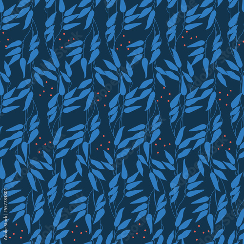 Seamless decorative elegant pattern with blue branches. Print for textile, wallpaper, covers, surface. For fashion fabric. Retro stylization.