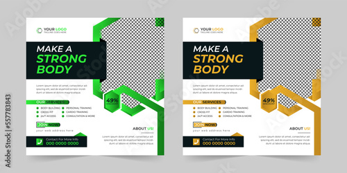 Fitness gym yoga sports workout square social media post and web banner for digital marketing company template vector design