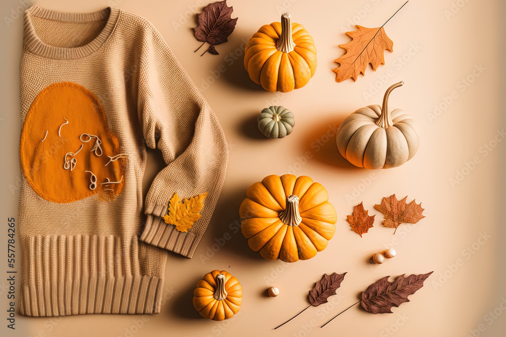 Anime style autumnal composition with little pumpkins and clothing. Generative AI Anime style autumnal composition with little pumpkins and clothing. Generative AI