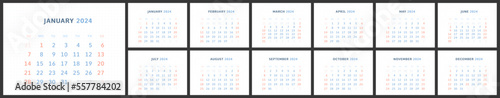 Wall quarterly Calendar Template for 2024 in a modern minimalist style. Week starts on Sunday. Set of 12 months. Corporate Planner Template. Horizontal format . Ready to print. Vector illustration